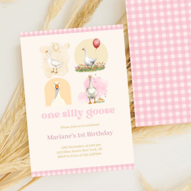 Invitación Chicas Un Primer Cumpleaños Rosado Y Silly Goose (one silly goose, 1st birthday, farm, girls first birthday girl, pink gingham, whimsical, pastel pink)