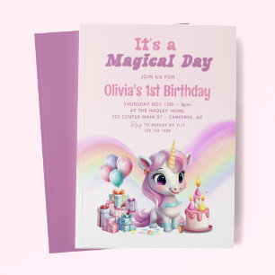 Invitación Chicas Unicornio Arcoíris Mágico Cumpleaños