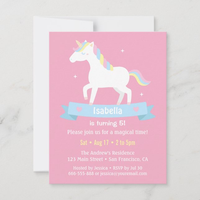 Invitación Chicas Unicornio Blanco Fiesta de Cumpleaños Rosa (Anverso)