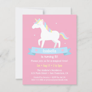 Invitación Chicas Unicornio Blanco Fiesta de Cumpleaños Rosa