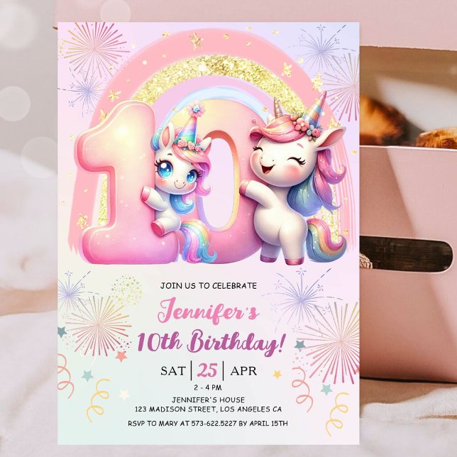 Invitación Chicas unicornio Magical Rainbow 10 cumpleaños (#UnicornBirthdayInvitation #UnicornBirthdayInvitationTemplate #UnicornBirthdayInvitationEditable 
)
