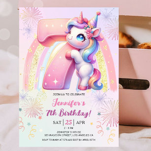 Invitación Chicas unicornio Magical Rainbow Séptima fiesta de