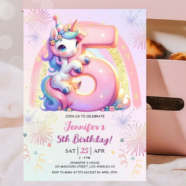 Invitación Chicas unicornio mágico arcoiris 5ª fiesta de cump (#UnicornBirthdayInvitation #UnicornBirthdayInvitationTemplate #UnicornBirthdayInvitationEditable)