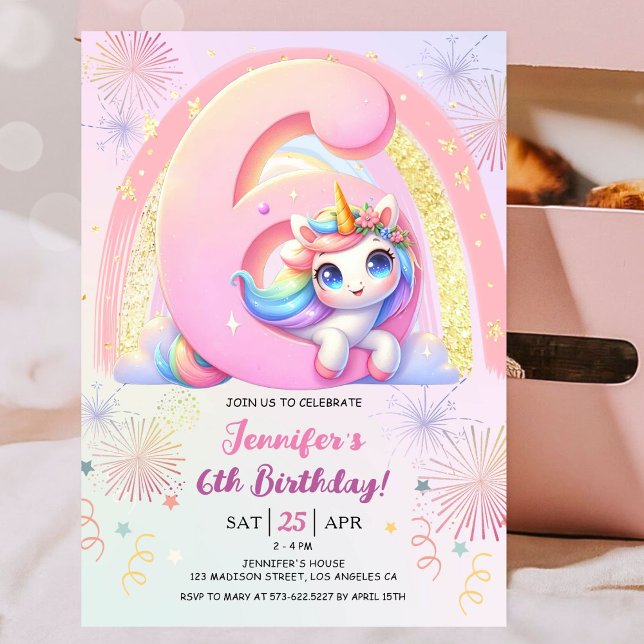 Invitación Chicas unicornio mágico arcoiris 6ª fiesta de cump (#UnicornBirthdayInvitation #UnicornBirthdayInvitationTemplate #UnicornBirthdayInvitationEditable)