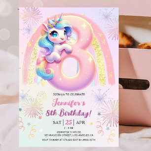 Invitación Chicas unicornio mágico arcoiris 8 cumpleaños