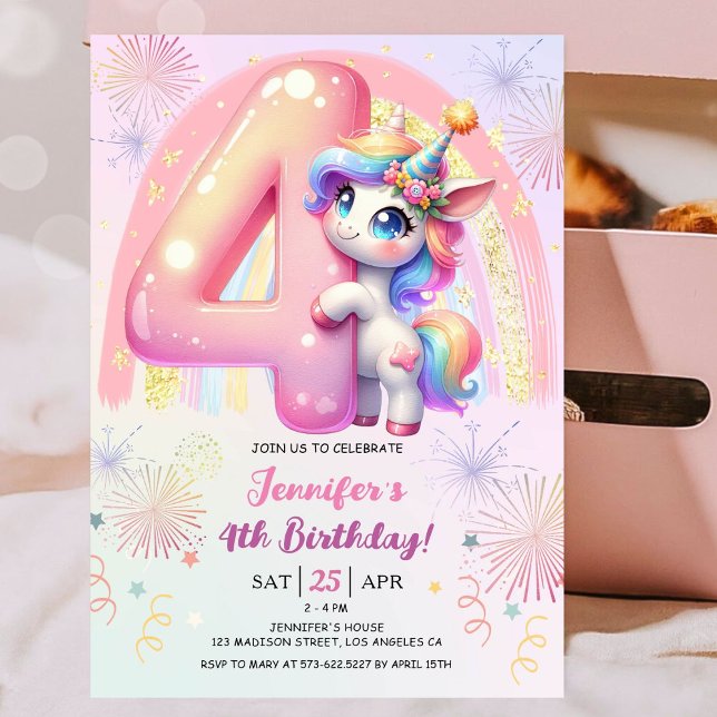 Invitación Chicas Unicornio mágico arcoiris cuarto Fiesta de  (
#UnicornBirthdayInvitation #UnicornBirthdayInvitationTemplate #UnicornBirthdayInvitationEditable )