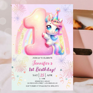 Invitación Chicas unicornio mágico arcoiris primer Fiesta de