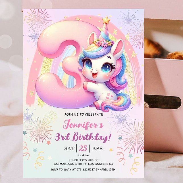 Invitación Chicas Unicornio mágico arcoiris tercer Fiesta de  (#UnicornBirthdayInvitation #UnicornBirthdayInvitationTemplate #UnicornBirthdayInvitationEditable 

)