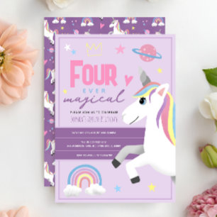 Invitación Chicas Unicornio Para Siempre Mágico 4to Cumpleaño