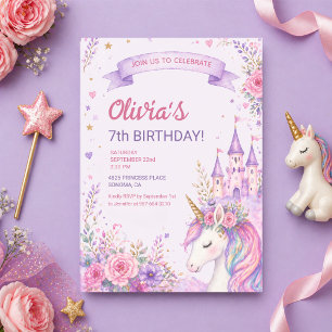 Invitación Chicas Unicornio Púrpura 7º Cumpleaños