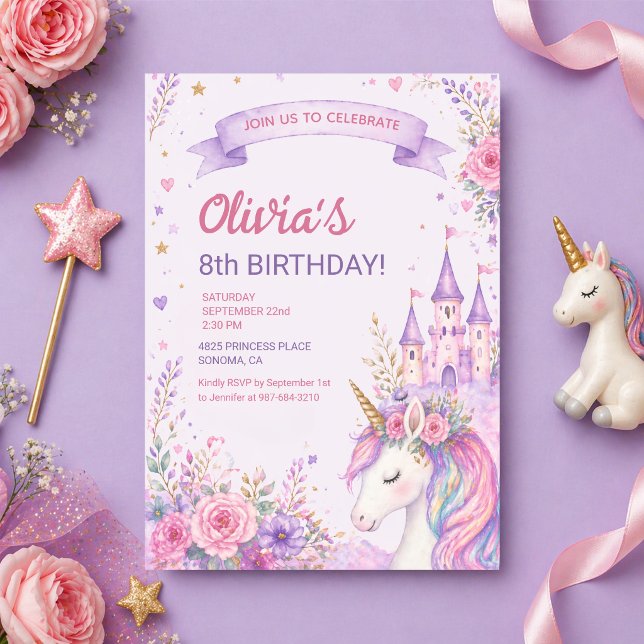 Invitación Chicas Unicornio Púrpura Cumpleaños 8 (Subido por el creador)