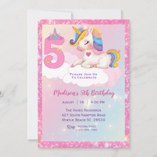 Invitación Chicas Unicornio Purpurina del Arcoiris 5ª fiesta 