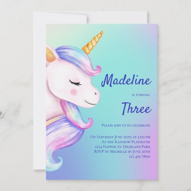 Invitación Chicas unicornios invitan al cumpleaños Pastel Rai (Anverso)