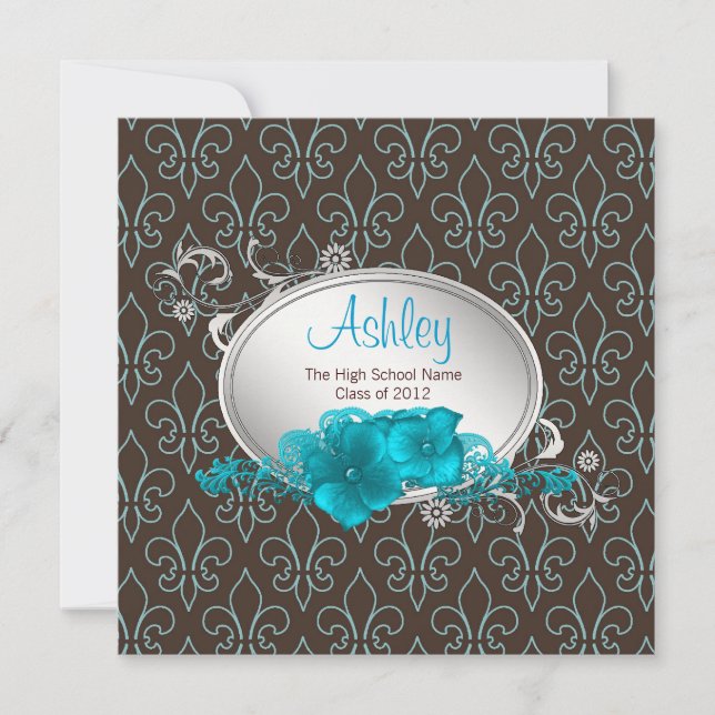 Invitación Chicas Verde azulados Blue Brown Fleur De Lis Grad (Anverso)