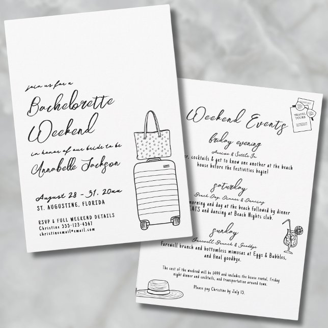 Invitación Chicas Viajeras Caprichosas Dibujadas a Mano Fiest (Hand Drawn Whimsical Quirky Bachelorette Party Invitation)