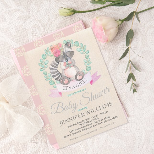 Invitación Chicas Watercolor Baby Raccoon Baby Shower (Subido por el creador)