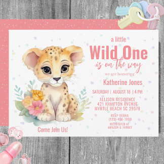 Invitación Chicas Wild One Cheetah Floral Baby Shower