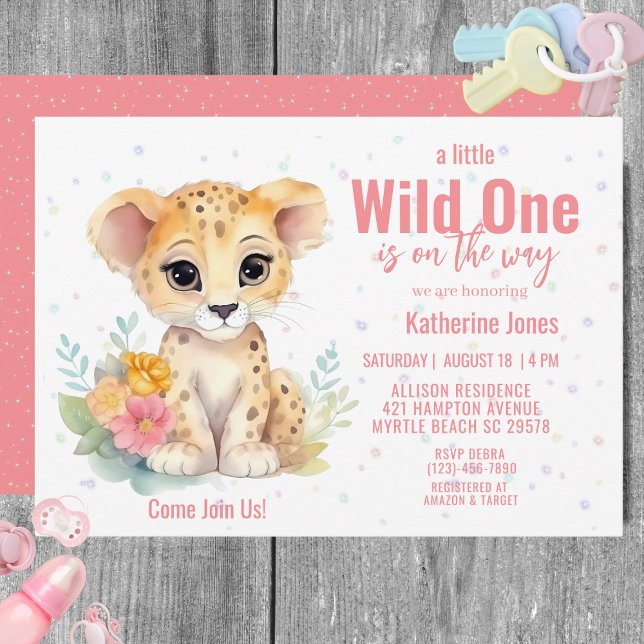 Invitación Chicas Wild One Cheetah Floral Baby Shower (Subido por el creador)