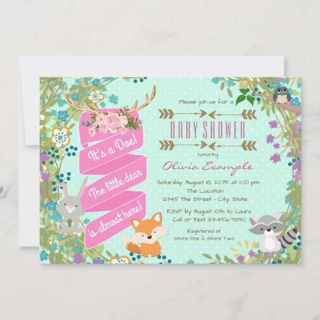 Invitación Chicas Woodland Baby Shower (Anverso)