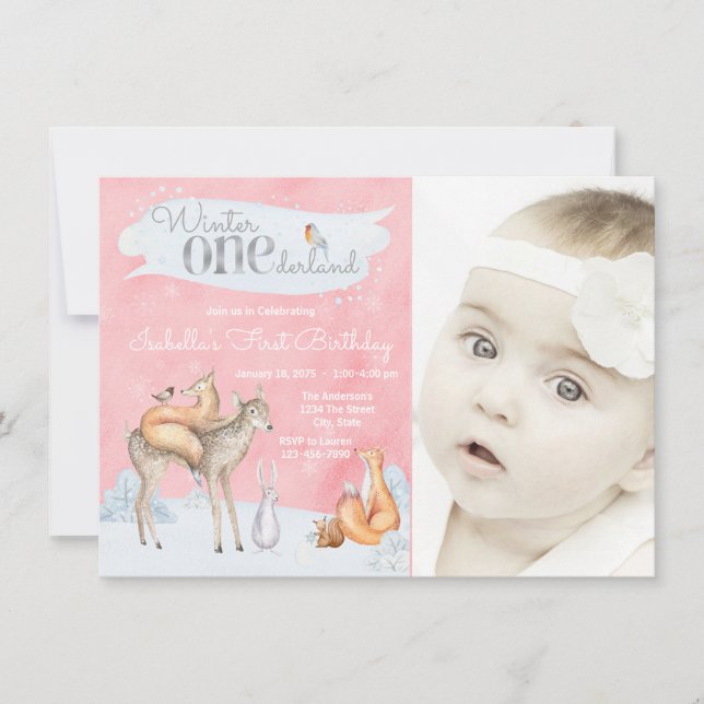 Invitación Chicas Woodland Winter ONEderland Foto Cumpleaños (Anverso)