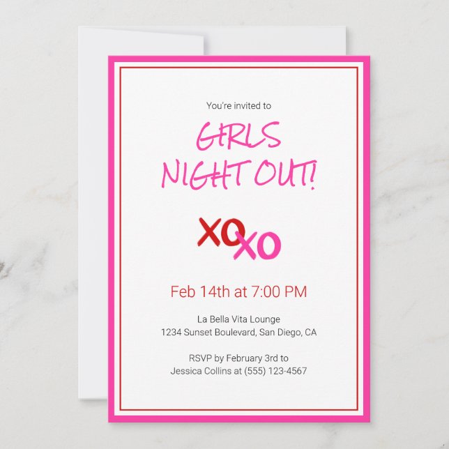 Invitación Chicas XOXO De Noche Fuera Fiesta Del Día De La Ga (Anverso)