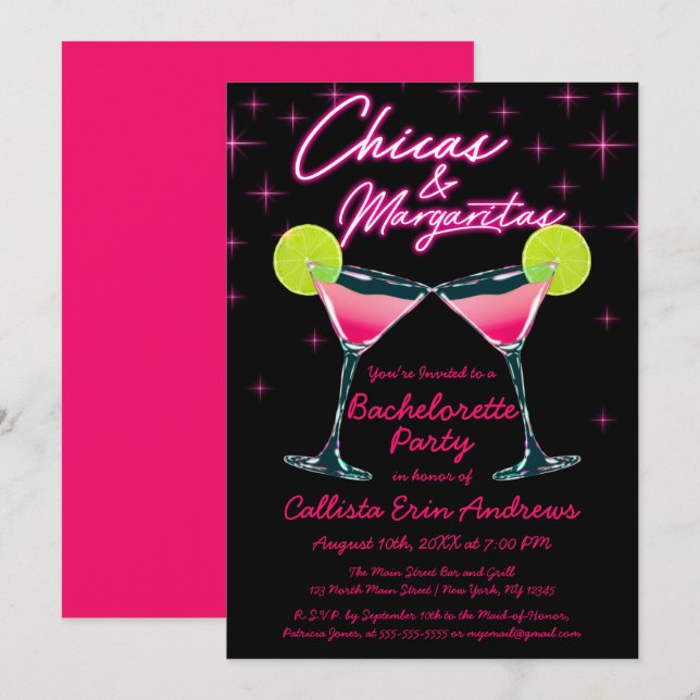 Invitación Chicas y Margaritas Neon Pink Bachelorette Party (Anverso / Reverso)