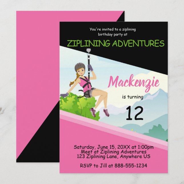 Invitación Chicas Ziplining Cumpleaños (Anverso / Reverso)