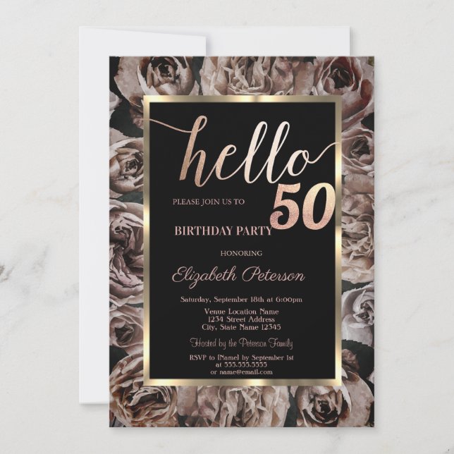 Invitación ChicDark Roses Black Fiesta de Cumpleaños 50 (Anverso)