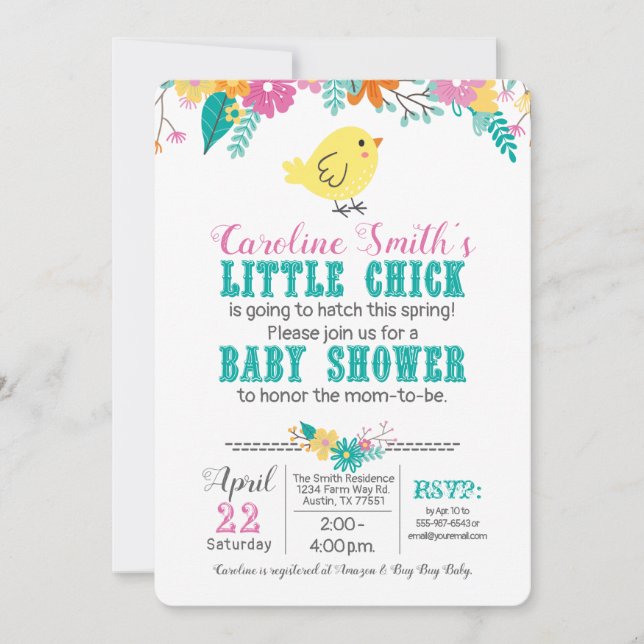 Invitación Chick de primavera Baby Shower género Neutral rosa (Anverso)