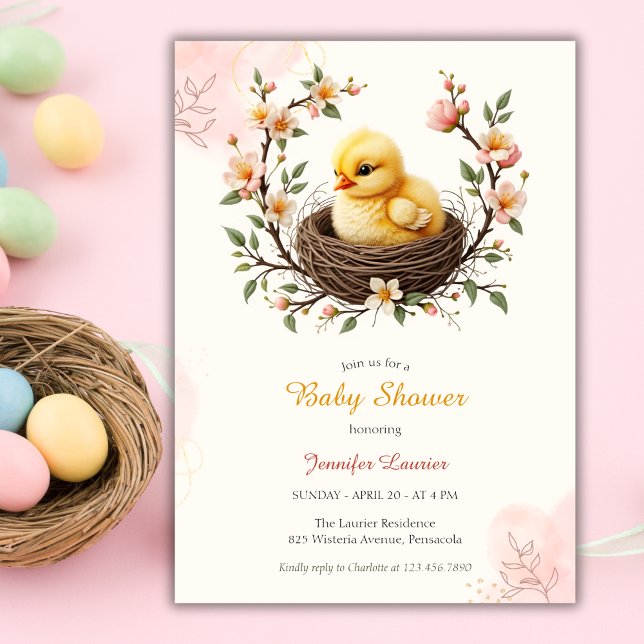 Invitación Chick Nest Pink Floral Wreath Easter Baby Shower (Chick Nest Pink Floral Wreath Easter Baby Shower Invitation)