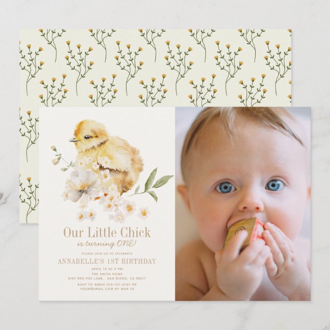 Invitación Chick Watercolor Floral Chica 1er cumpleaños Foto (Anverso / Reverso)