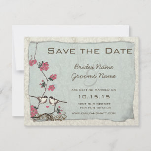 Invitación Chickadee Damask con flores de cerezo para salvar