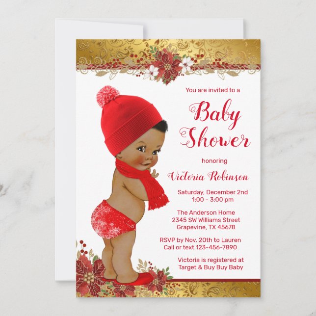 Invitación Chico Afro Rojo Dorado Baby Shower de Navidad (Anverso)