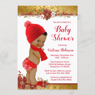 Invitación Chico Afro Rojo Dorado Baby Shower de Navidad