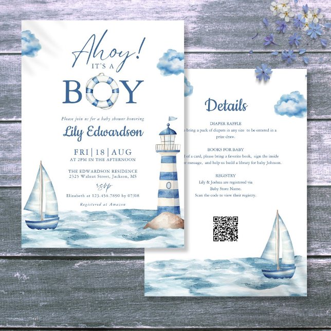 Invitación Chico Ahoy Baby Shower Náutico Todo En Uno (Ahoy Its A Boy Nautical Baby Shower All In One Invitation)