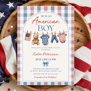 Invitación Chico Americano Rojo Blanco & Por Nacer Fiesta de