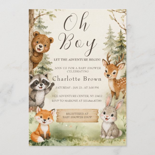 Invitación Chico Aquarela Fiesta de Bebé Bosque Rústico  (Anverso)