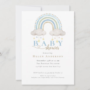 Invitación Chico Arcoíris Acuarela Boho Azul Baby Shower