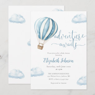 Invitación Chico aventurero azul globo aerostático baby showe