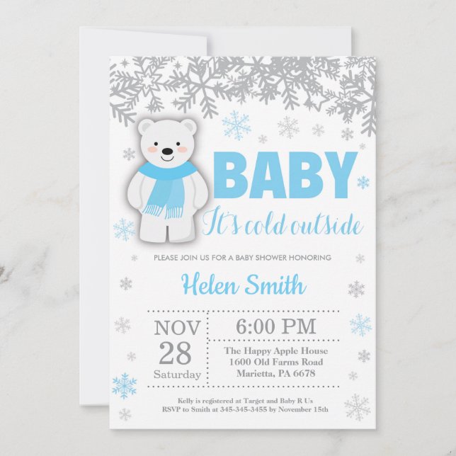 Invitación Chico azul de invierno de oso polar con copo de ni (Anverso)