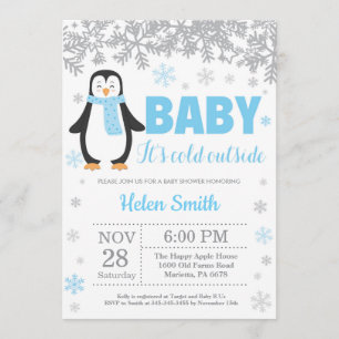 Invitación Chico azul de invierno pingüino copo de nieve Baby