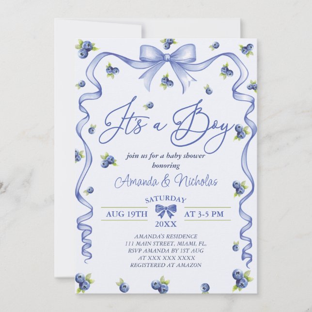 Invitación Chico Azul Fiesta de Bebé Arándanos (Anverso)