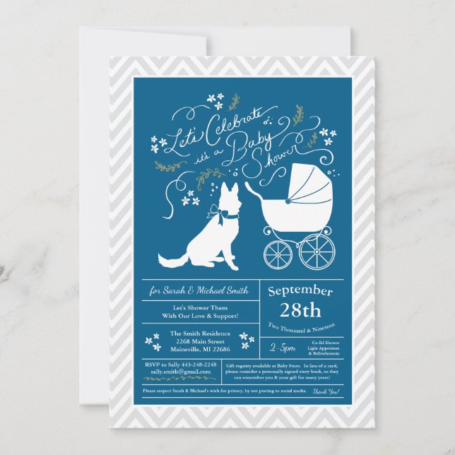 Invitación Chico Azul Francés del Pastor Alemán Baby Shower (Anverso)