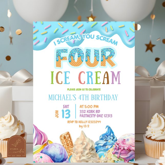 Invitación Chico Azul Goteo Grito Cuatro helados Cumpleaños 4 (Subido por el creador)