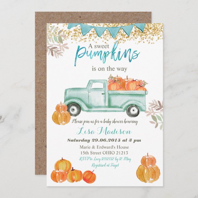 Invitación Chico Azul Verde Menta Calabaza baby shower (Anverso / Reverso)