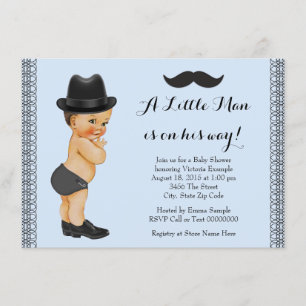 Invitación Chico azul y ducha de bebé con bigote negro