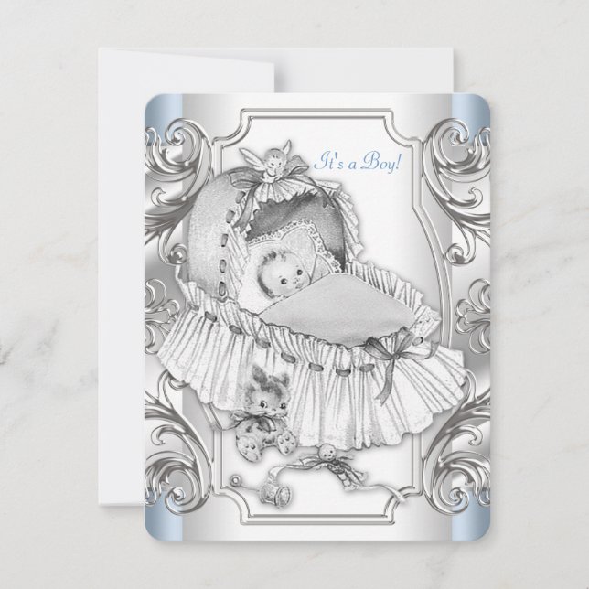 Invitación Chico Azul y Plateado Baby Shower (Anverso)