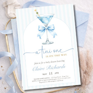 Invitación Chico Baby Shower A Tini One Lazo Rayas Azules