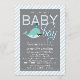 Invitación Chico Baby Shower azul moderno bigote de ballena p