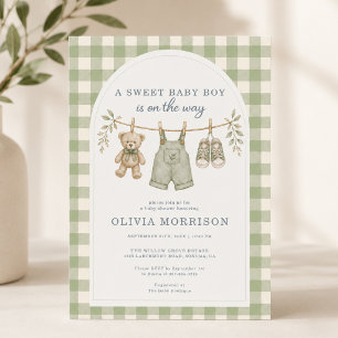 Invitación Chico Baby Shower Cuadrillé Verde Sage Boho
